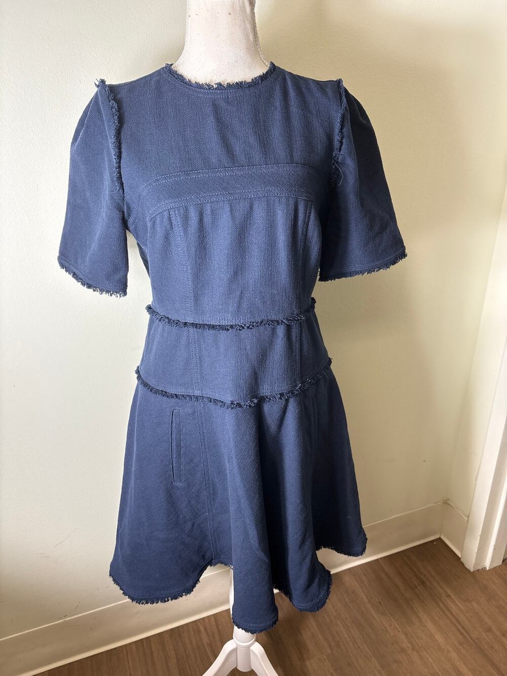 ME+EM Navy Blue Short Sleeve Fringe Mini Dress Sz 8